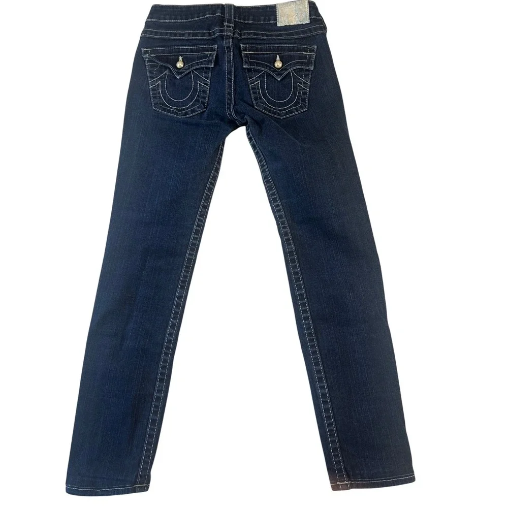 True Religion Mens Slim Straight Indigo Jeans Pearl Buttons White Stitch Size 28